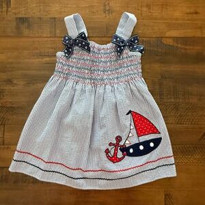 Good Lad Girls Blue White Seersucker Nautical Sailboat Smocked Dress Size 4 4T